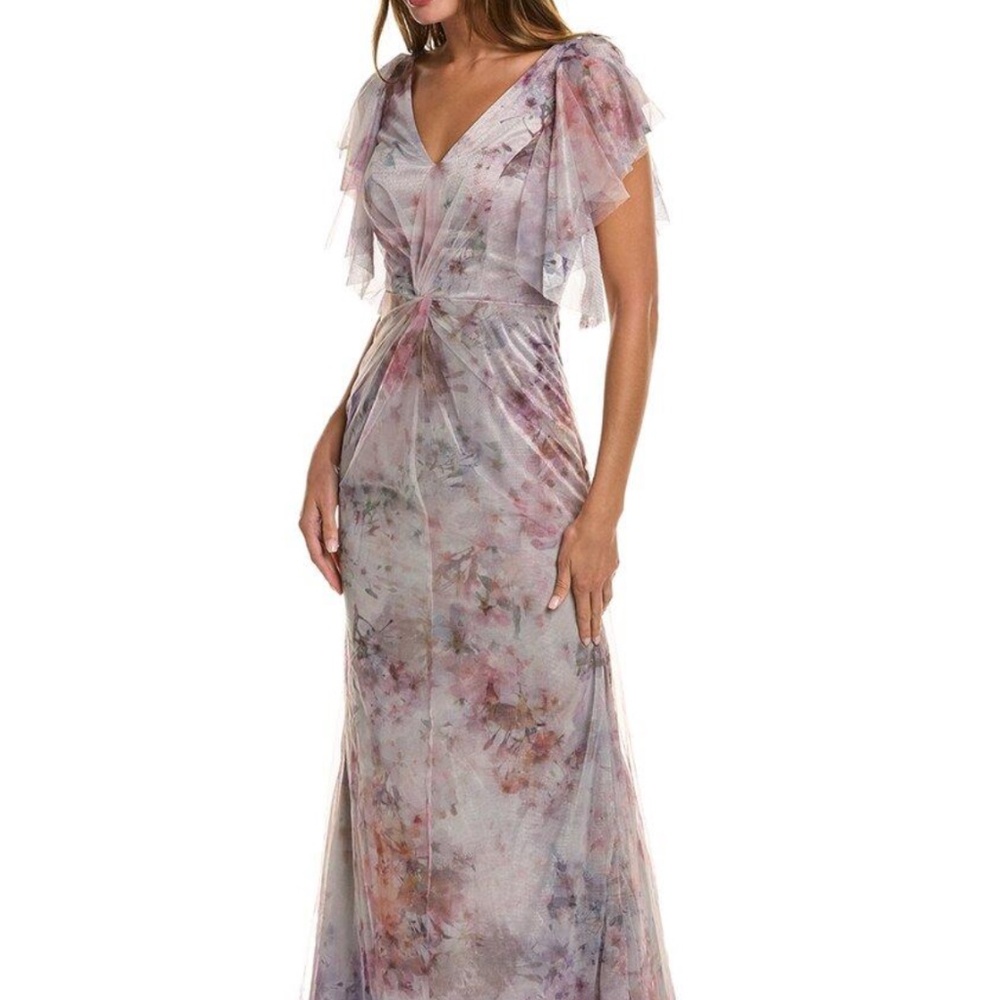 Rene Ruiz Pink and Purple Flutter Sleeve V-Neck Gown
